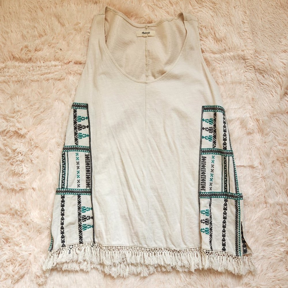 Madewell Tribal Embroidered Tassel Fringe Hem Tank Top - Size S